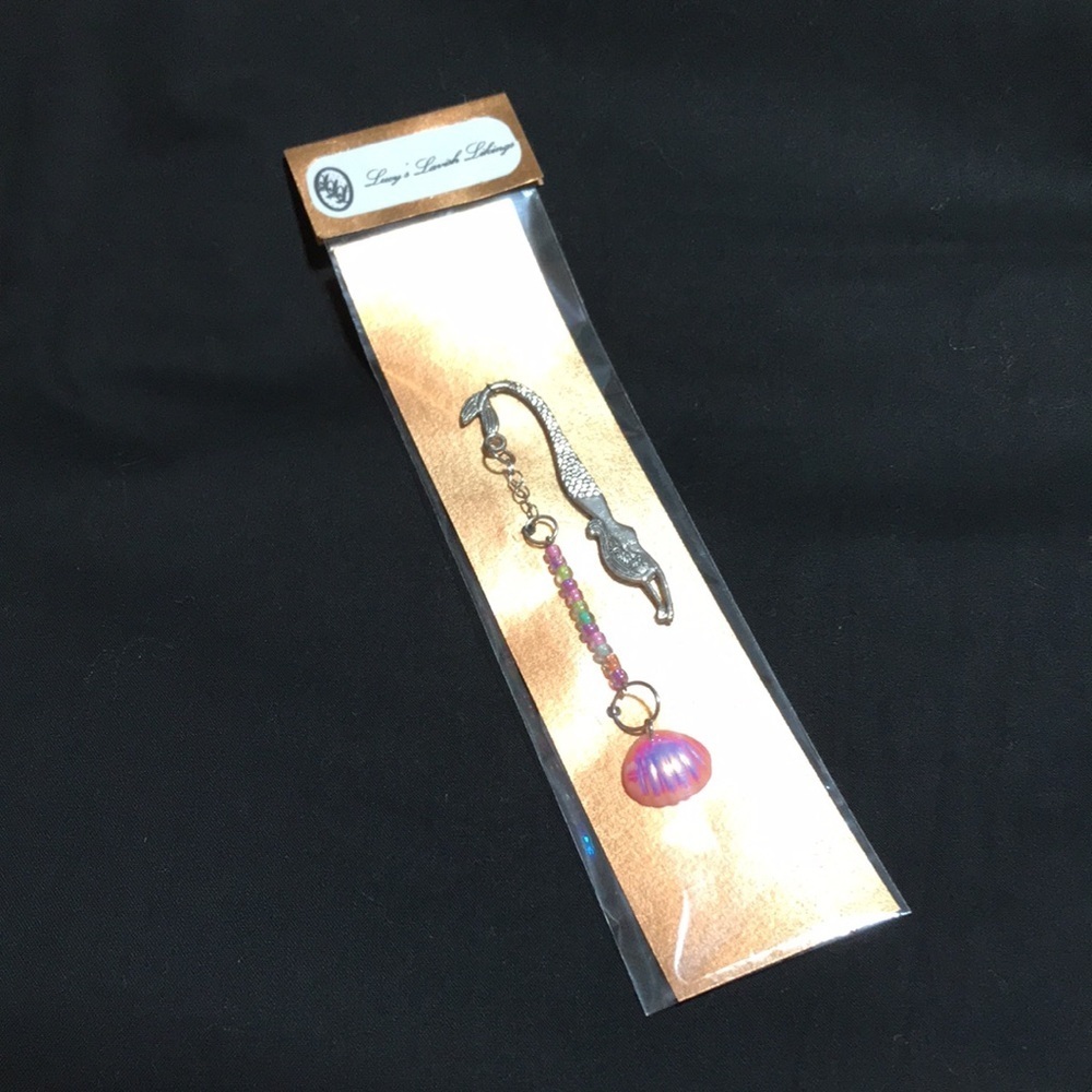 Metal Mermaid Hook Bookmark w/Chain, Pastel Glass Beads, & Plastic Shell Charm